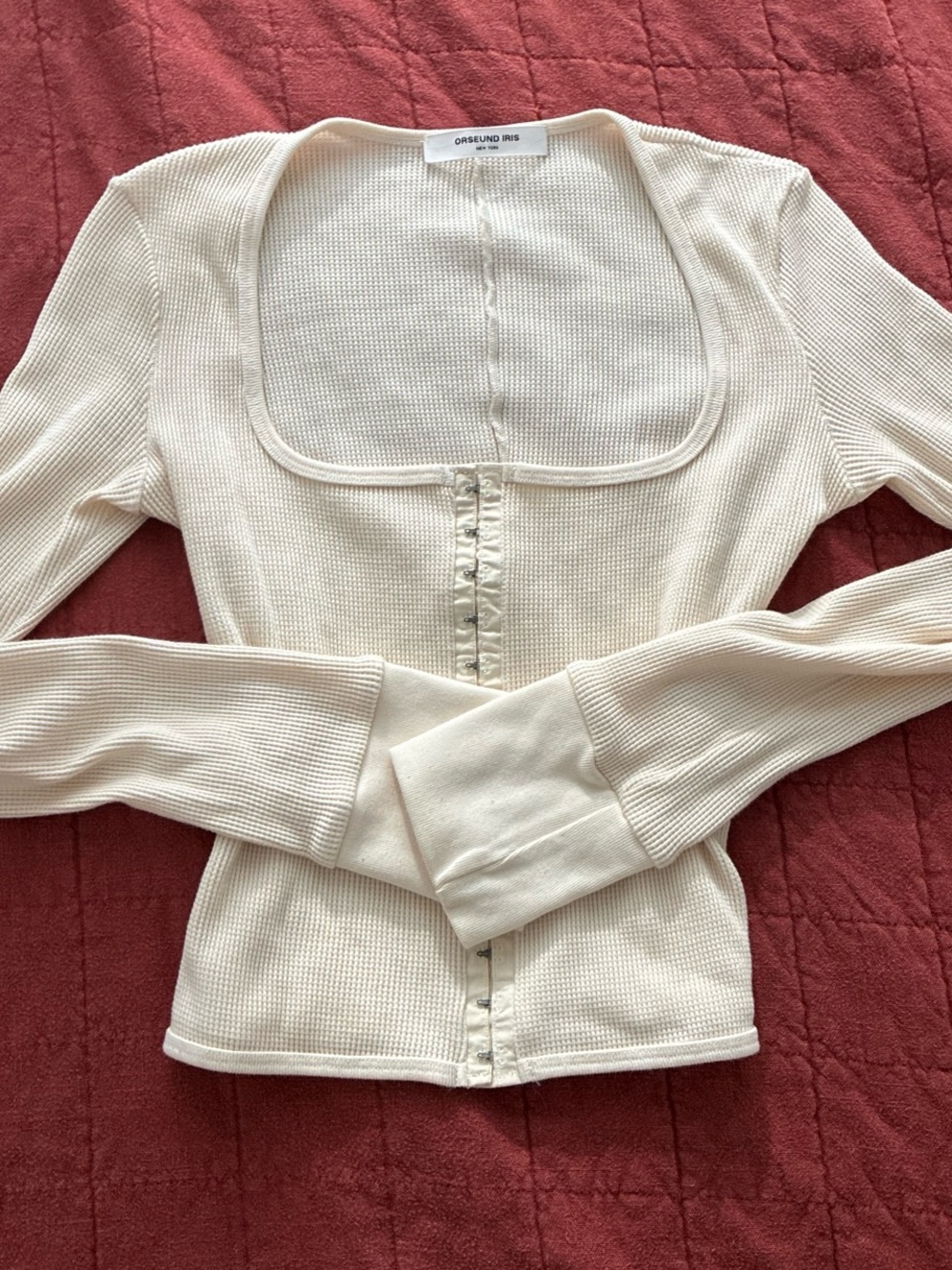 Orseund Iris Cream Ribbed Square-Neck Long Sleeve Top